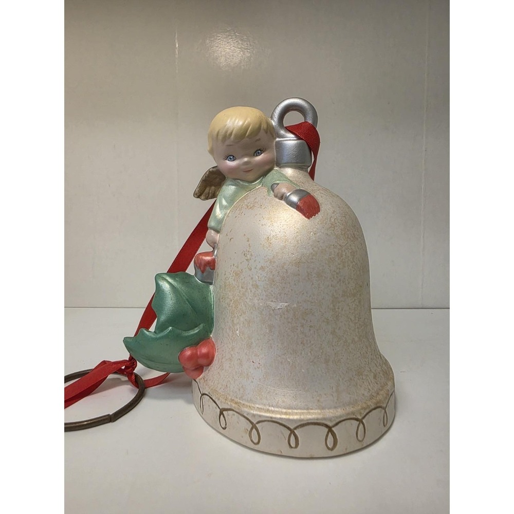 Vintage Ceramic Red Christmas Bell with Cherub Angel Painting the Bell 6"